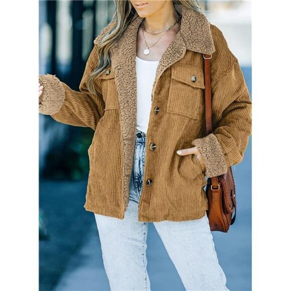 Women's Corduroy Sherpa Jacket Button Down Fleece Fur Collar Winter Coat - Picture 3 of 6